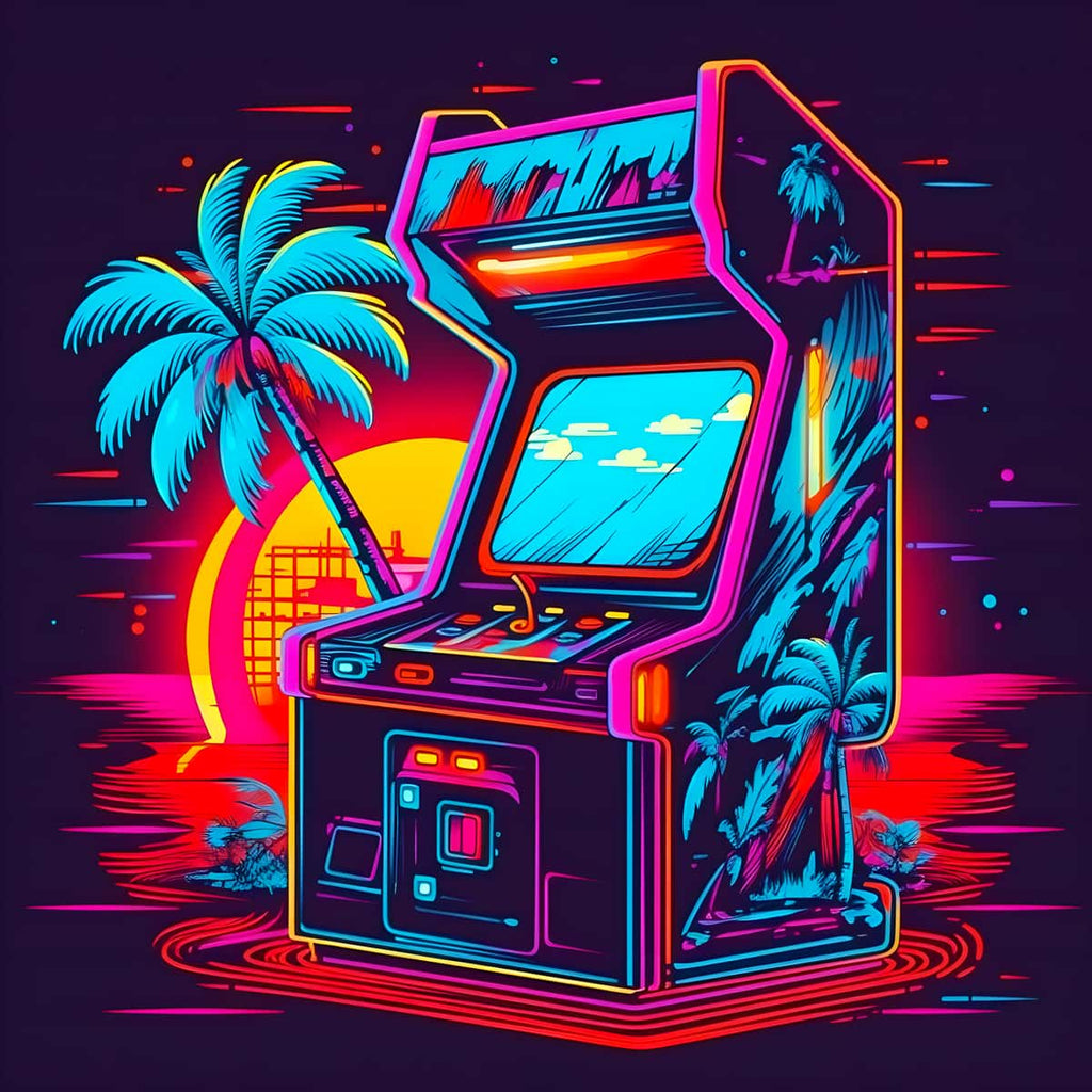 Neon-colored arcade machine with a tropical palm tree and sunset background.