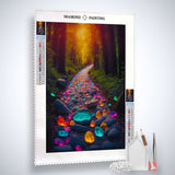 AB Diamond Painting Kit with Colorful Glowing Stones on a Forest Path, Complete with Professional Canvas, Acrylic Diamonds, Tweezers, and Set Tools