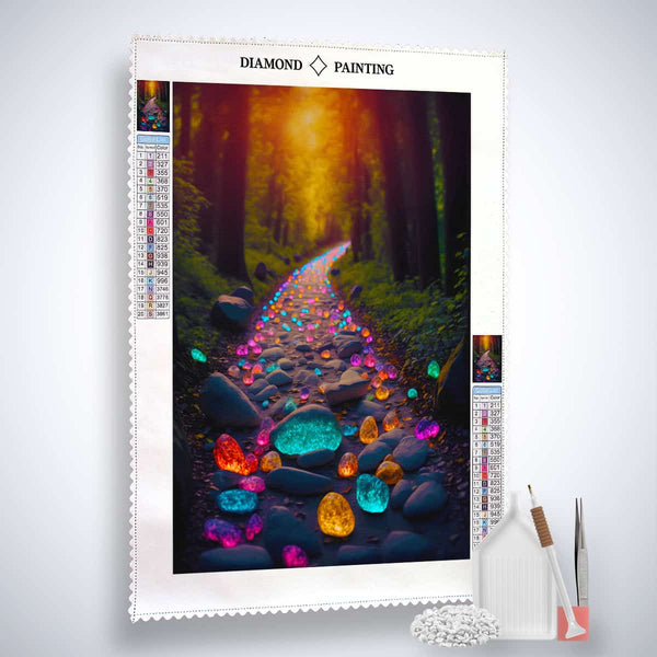 AB Diamond Painting Kit with Colorful Glowing Stones on a Forest Path, Complete with Professional Canvas, Acrylic Diamonds, Tweezers, and Set Tools