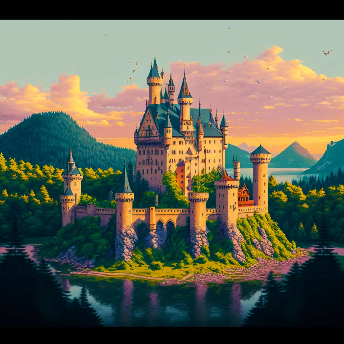 Märchenschloss Diamond Painting - Märchen-Schloss auf einem Hügel umgeben von Wäldern und Bergen, beleuchtet von einem malerischen Sonnenuntergang