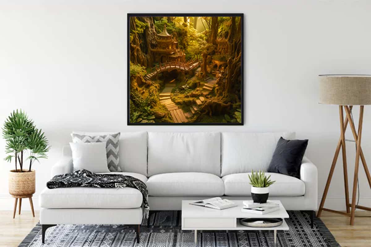 Painting of a Fantasy Forest City Hanging in Modern Living Room