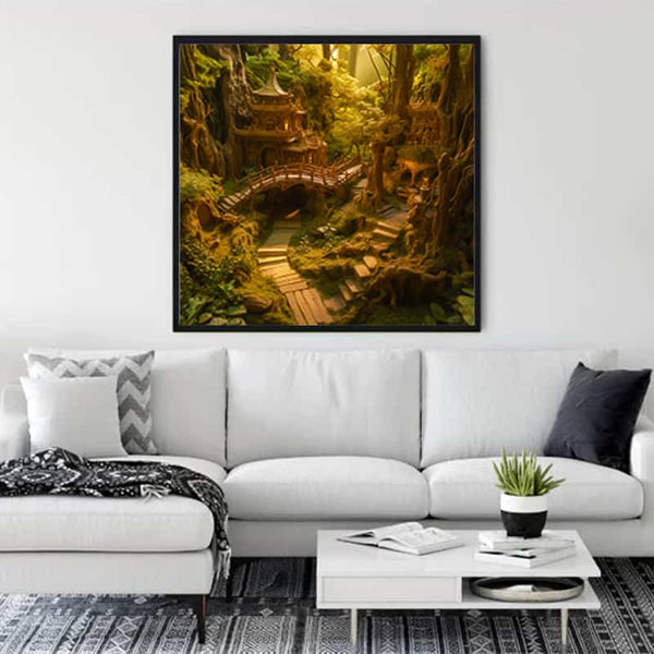 Painting of a Fantasy Forest City Hanging in Modern Living Room