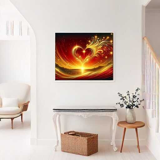 Diamond Painting - Herzliebe with shimmering heart design on a living room wall, blending vibrant yellow and red colors.