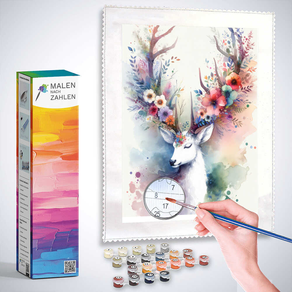 Malen nach Zahlen Set mit einem verträumten Reh vor weißem Hintergrund, geschmückt mit bunten Blumen, Aquarellfarben und kräftigen Pastelltönen.