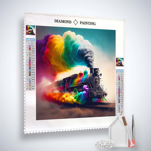 AB Diamond Painting Farbzug with a vibrant rainbow-colored steam train, complete with acrylic diamonds, tweezers, and setting tools.