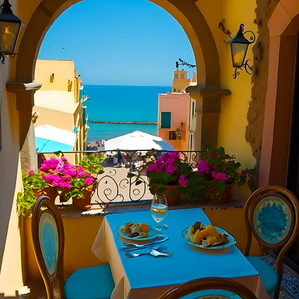 Idyllic seaside breakfast setting with a table for two, vibrant flowers, and stunning ocean view through an arched balcony window.