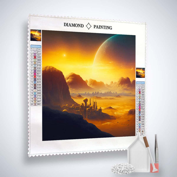Diamond Painting Kit Fantasylandschaft Orange with mountain and futuristic cityscape, complete with tools and acrylic diamonds set.