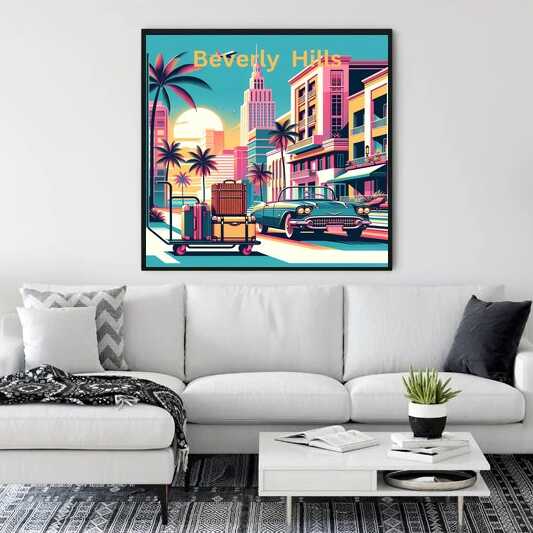 Malen nach Zahlen - Kalifornische Träume Wandkunst in modernem Wohnzimmer mit Beverly Hills Motiv