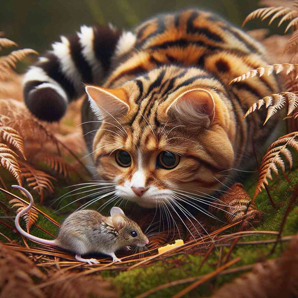 Cat with striped fur intently watches a mouse in an autumn forest scene surrounded by ferns and fallen leaves.