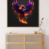 Malen nach Zahlen Phönix Lila artwork featuring a vibrant purple phoenix with fiery details, displayed above a rattan dresser.