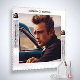 Diamond Painting Kit featuring James Dean with canvas, acrylic diamonds, artist tweezers, and professional applicator tools.