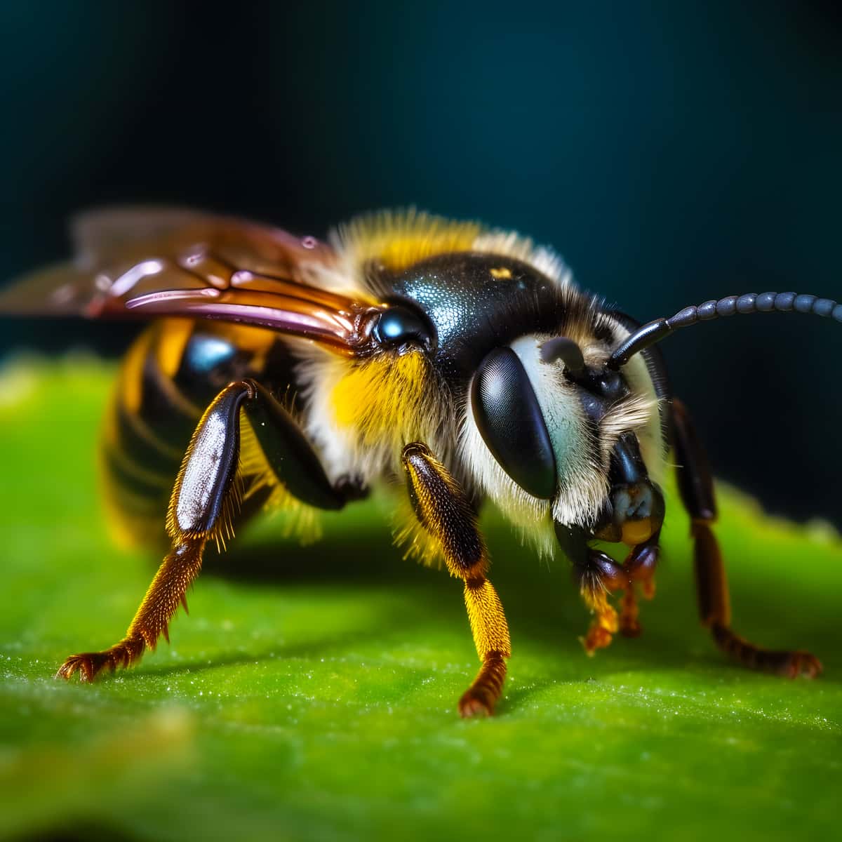 Close-up of a bee on a green leaf, featured in the Diamond Painting Biene Frontal kit.