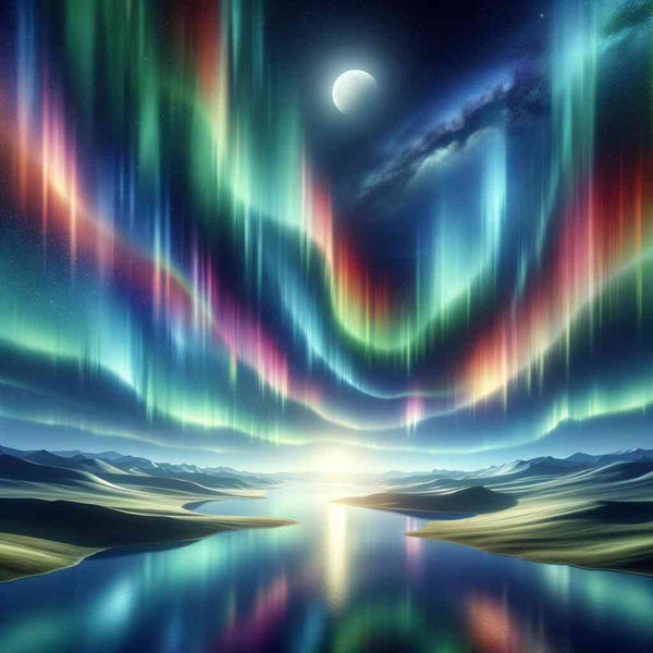 A tranquil polar landscape under the Northern Lights with vibrant colors reflecting above calm water, featuring a crescent moon in the night sky.