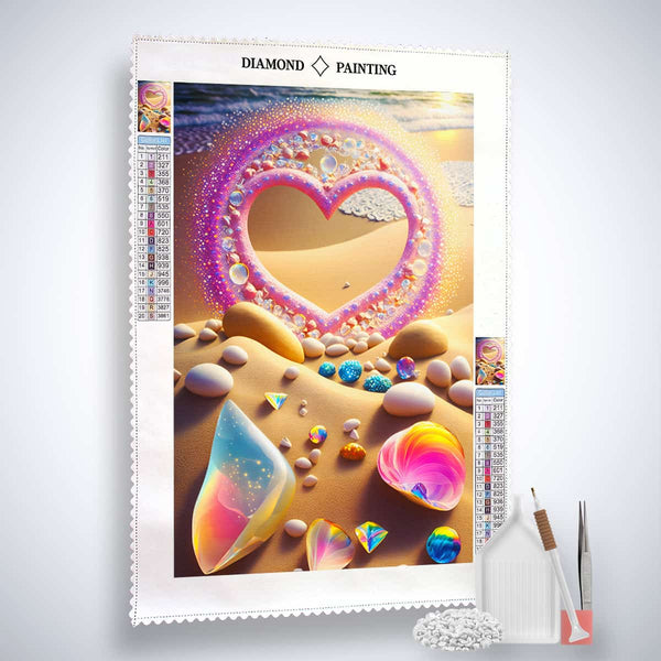 Diamond Painting Kit Herzstrand - Heart Shape Beach Scene with Acrylic Diamonds, Canvas, Tweezers, and Professional Setzstift