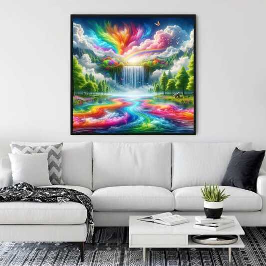 Living room with a framed colorful painting depicting a rainbow river flowing through a vibrant flower meadow and lush greenery.