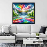 Living room with a framed colorful painting depicting a rainbow river flowing through a vibrant flower meadow and lush greenery.