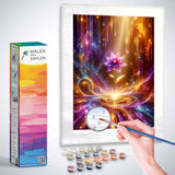 Person painting vibrant diamond painting of purple flower and golden light with painting frame and numbered paint pots.