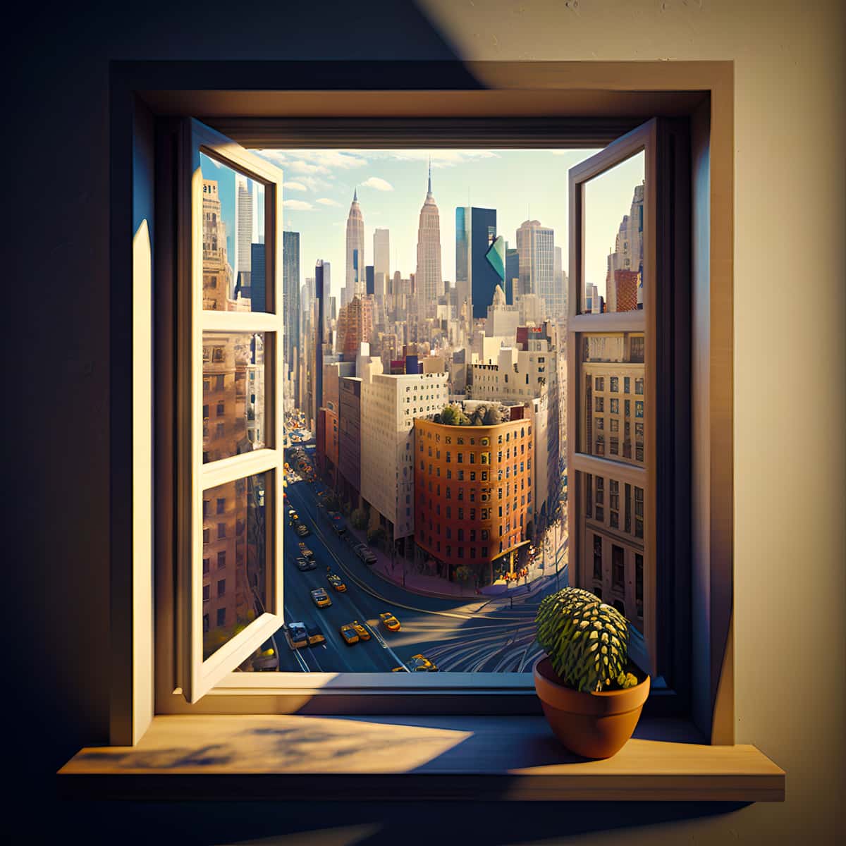 View of a bustling cityscape with skyscrapers and a busy street through an open window, framed by a windowsill with a cactus plant.