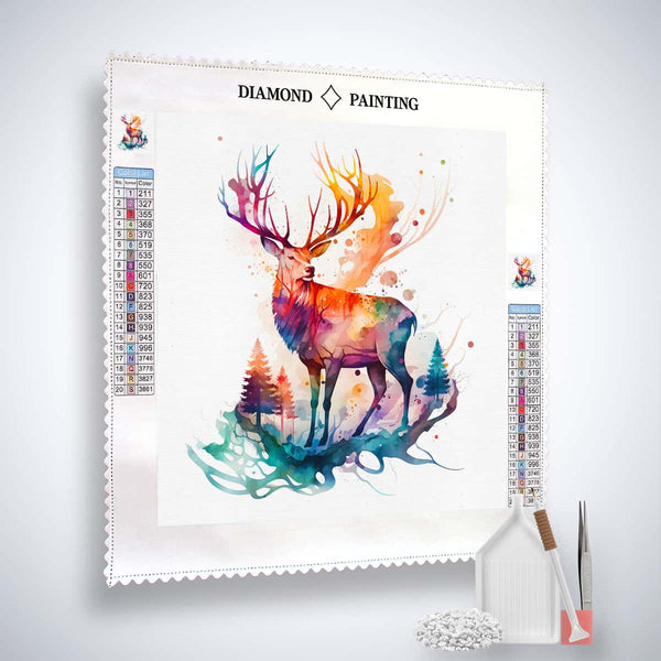 "AB Diamond Painting - Hirsch Motiv auf weißer Leinwand mit bunter Gestaltung und Malwerkzeugen im Set"