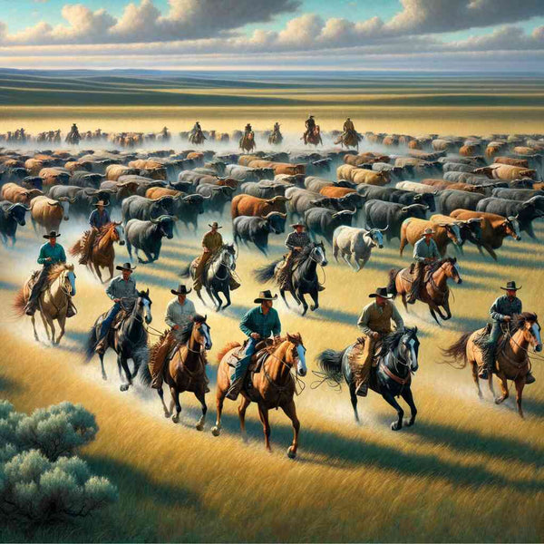 Cowboy mural for paint by numbers project, titled "Weite des Wilden Westens," depicting cowboys herding cattle across an open field under a dramatic sky