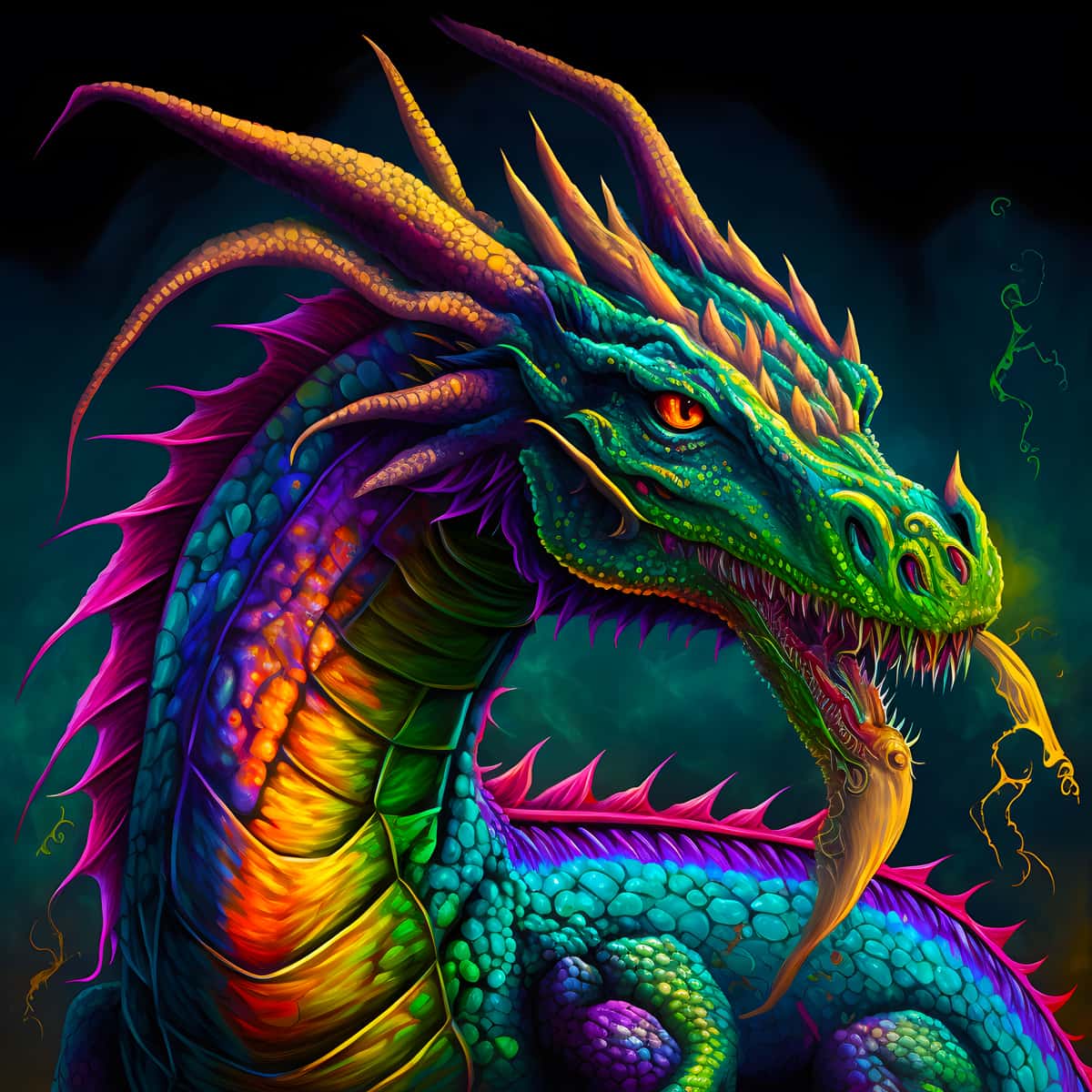 Malen nach Zahlen - leuchtender japanischer Drache mit bunten Schuppen vor dunklem Hintergrund