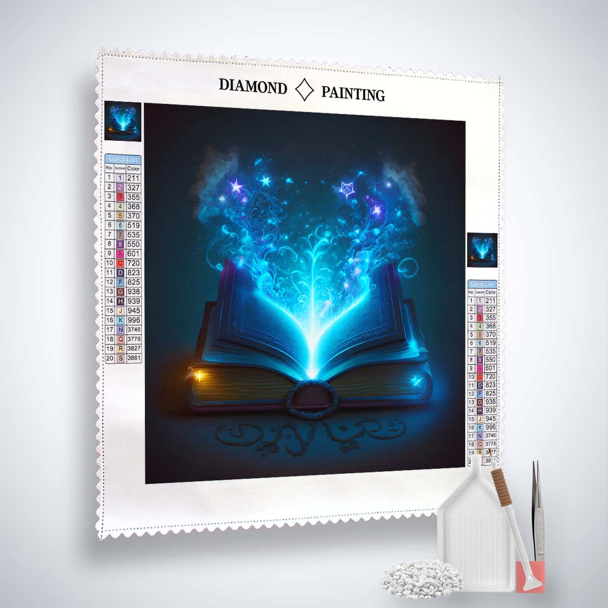 Diamond Painting Kit - Wundersames Buch with mystical open book design, includes acrylic diamonds, artist tweezers, and professional setting tools.