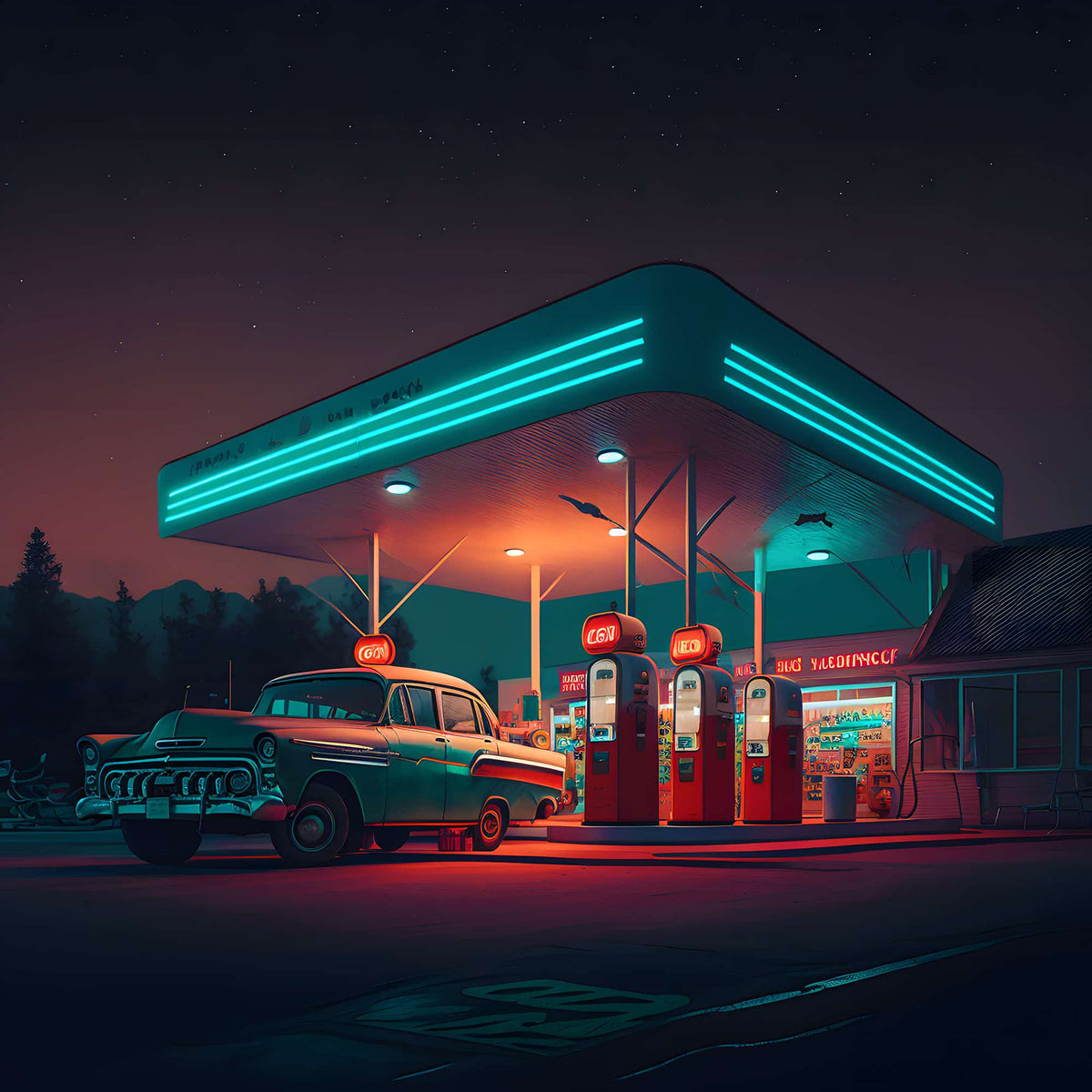 Retro Route 66 gas station at night with classic car and neon lights, painting by numbers kit.