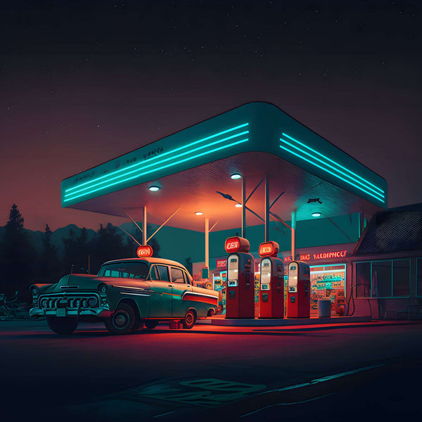 AB Diamond Painting - Route 66 Tankstelle bei Nacht, beleuchtete Tankstelle mit Oldtimer für erwachsene DIY-Kunstprojekte und kreative Dekoration.