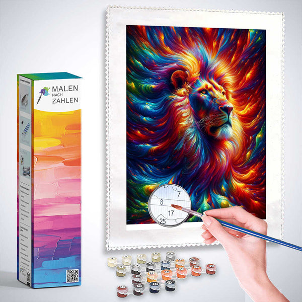 Malen nach Zahlen Löwe Farbenspiel mit leuchtenden Farben und modernen expressionistischen Stil, Details mit Farbnachfüllungen und Pinsel.