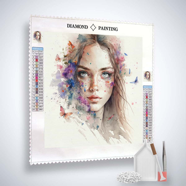 Diamond Painting Kit - Elegante Ausstrahlung with Acrylic Diamonds, Canvas, Tweezers, and Setzstift, featuring a beautiful woman's portrait