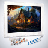 Painting kit with brushes showing a mystical house in a forest, perfect for a relaxing paint by numbers experience.