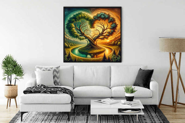 Modern living room with "Malen nach Zahlen - Zeitenflüstern" painting depicting a vibrant, mystical tree with colorful backdrop above a white sofa.