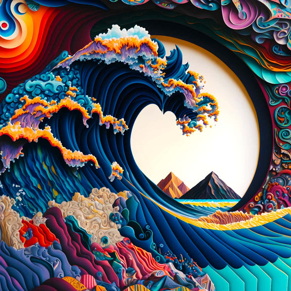 Vibrant abstract wave painting with intricate paper art details and colorful design