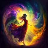 Woman in a colorful dress standing in a swirl of vibrant cosmic lights and colors, representing the beauty of Malen nach Zahlen - Kreisrunde Lichtspiele.