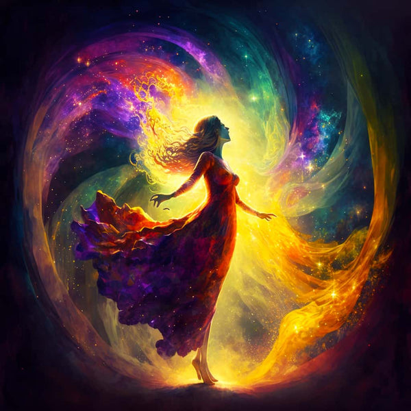 Woman in a colorful dress standing in a swirl of vibrant cosmic lights and colors, representing the beauty of Malen nach Zahlen - Kreisrunde Lichtspiele.