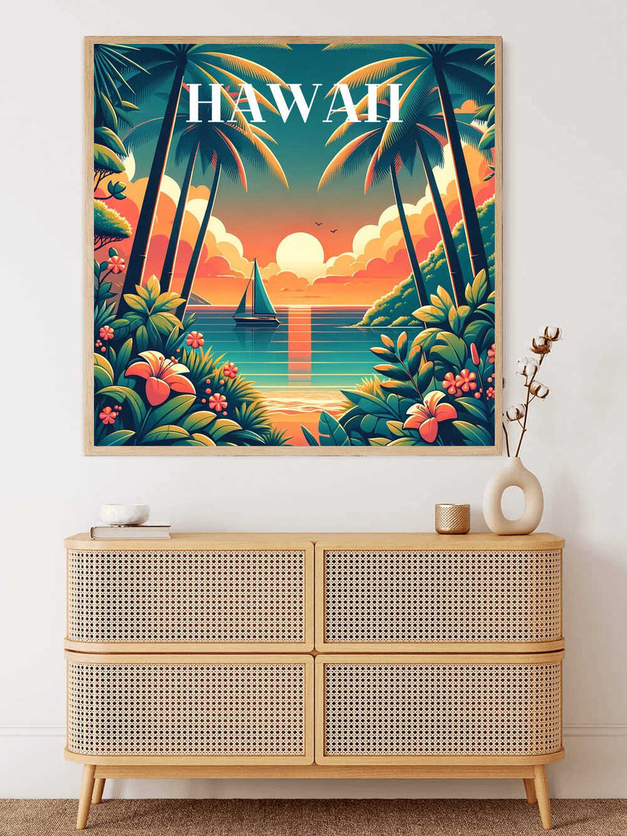 Colorful tropical sunset painting of Hawaii with sailboat on ocean, palm trees, and lush foliage, displayed above wicker dresser.