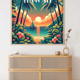 Colorful tropical sunset painting of Hawaii with sailboat on ocean, palm trees, and lush foliage, displayed above wicker dresser.