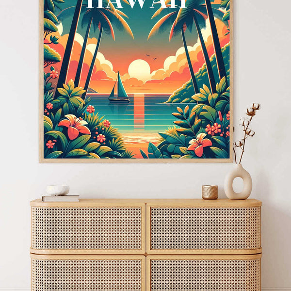 Colorful tropical sunset painting of Hawaii with sailboat on ocean, palm trees, and lush foliage, displayed above wicker dresser.