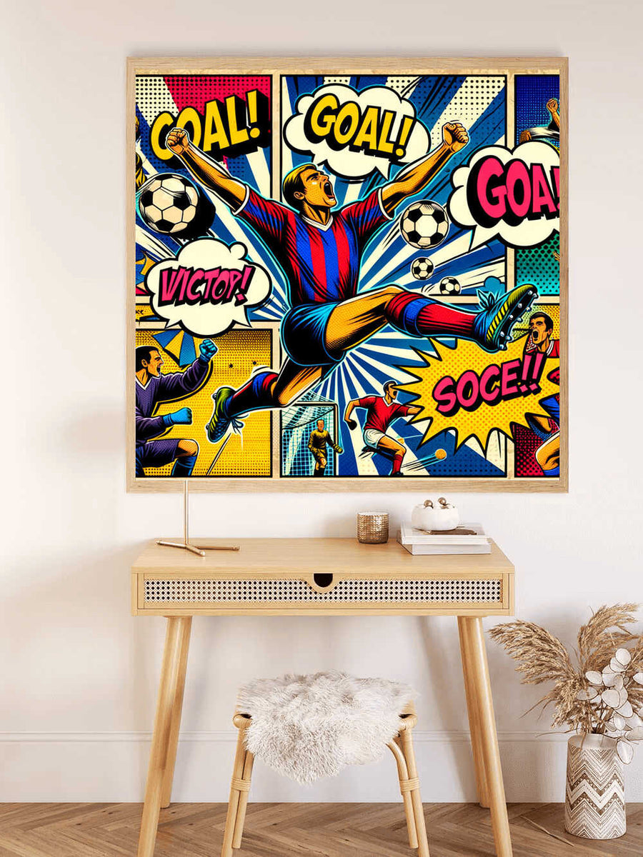 "Colorful paint-by-numbers artwork of a soccer player scoring a goal in a comic book style, framed and displayed on a wooden desk."