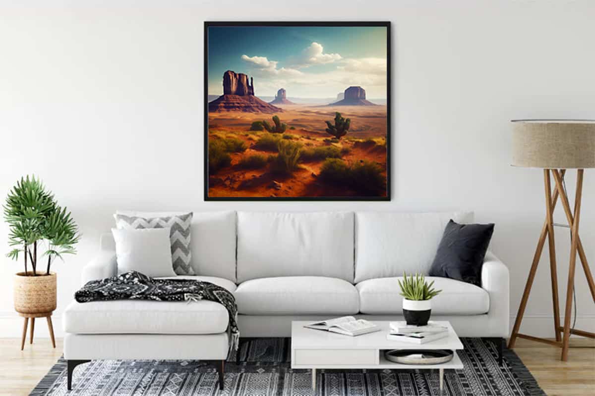 Painting of Southwestern landscape displayed in modern living room with white sofa and decor.