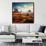 Painting of Southwestern landscape displayed in modern living room with white sofa and decor.