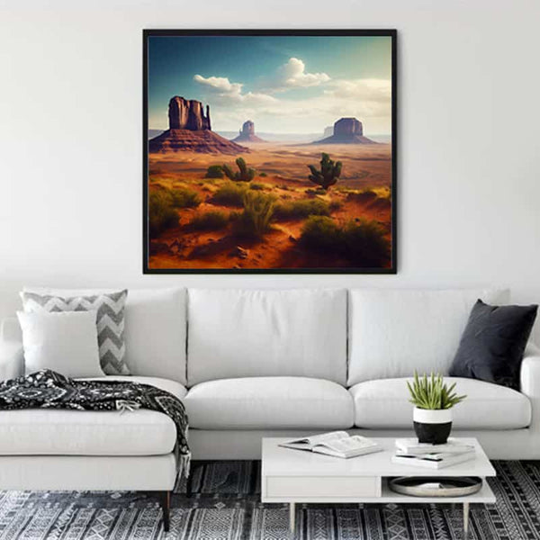 Painting of Southwestern landscape displayed in modern living room with white sofa and decor.