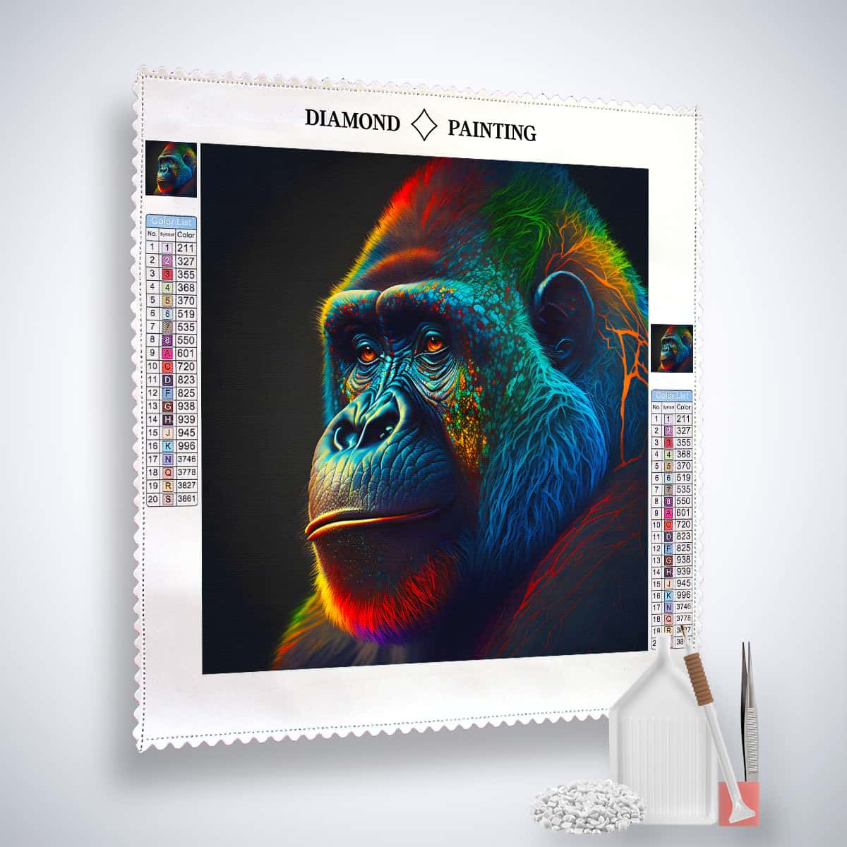 Diamond Painting Kit - Gorilla Nachdenklich with canvas, acrylic diamonds, tweezers, and setting tools included.