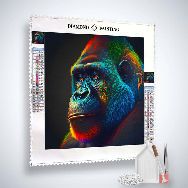Diamond Painting Kit - Gorilla Nachdenklich with canvas, acrylic diamonds, tweezers, and setting tools included.