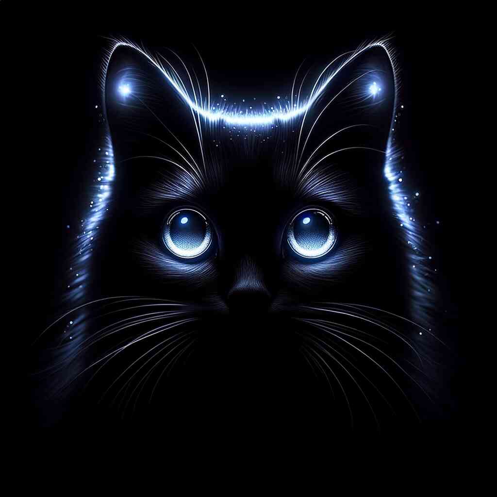 Glowing black cat with luminous blue eyes against a dark background, creating a mystical and enchanting effect.