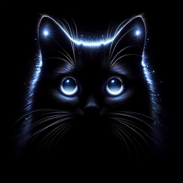 Glowing black cat with luminous blue eyes against a dark background, creating a mystical and enchanting effect.