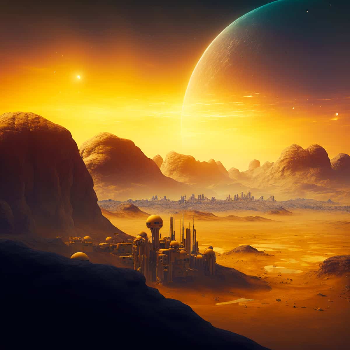 Fantasylandschaft in Orange mit atemberaubendem Sonnenuntergang und futuristischer Stadt im Vordergrund, passend für Diamond Painting Kits.