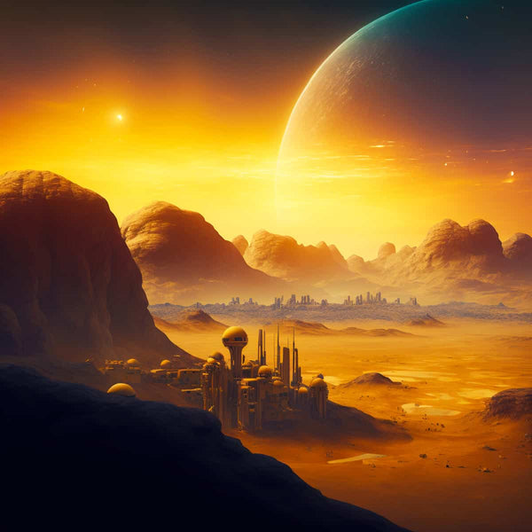 Fantasylandschaft in Orange mit atemberaubendem Sonnenuntergang und futuristischer Stadt im Vordergrund, passend für Diamond Painting Kits.