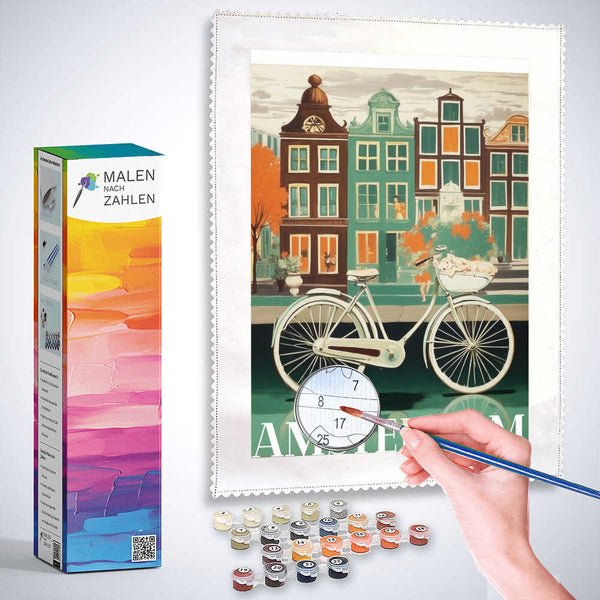 Paint by Numbers kit for "Amsterdam's Idyll" with fine details and vibrant colors, featuring a hand painting and paints included.