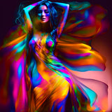 Woman in a colorful silk dress posing with vibrant, swirling fabric in a stunning diamond painting art style
